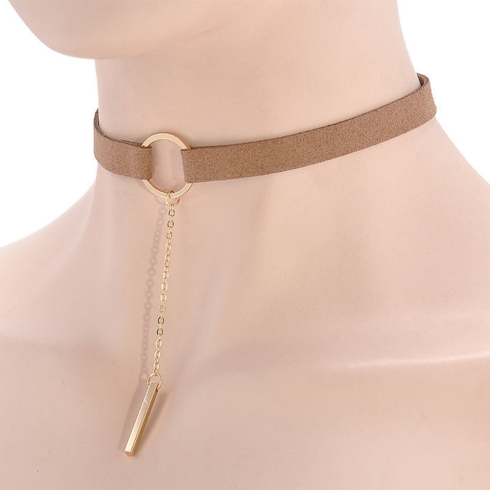 Gold Bar Light Leather Choker Necklace - Picture 2 of 6